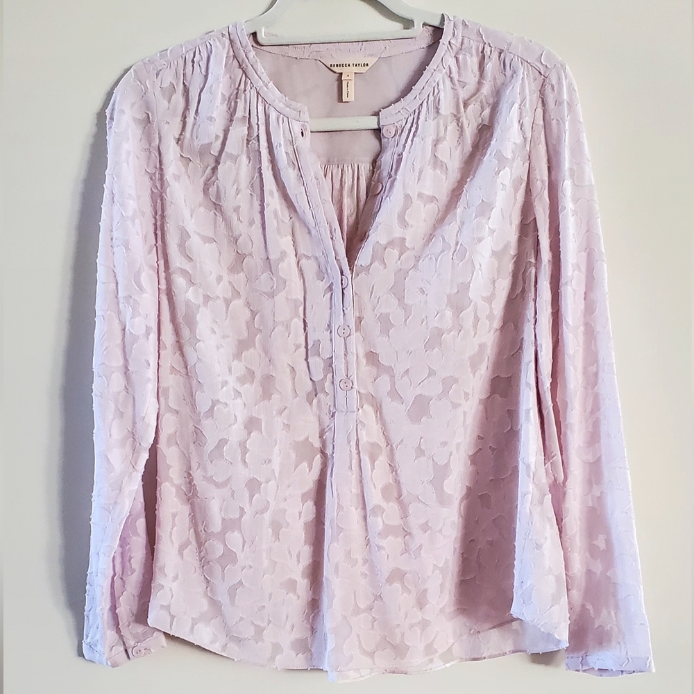 Rebecca Taylor Silk Feminine Flower Jaquard Lavender Top, Sz 4, LIKE NEW